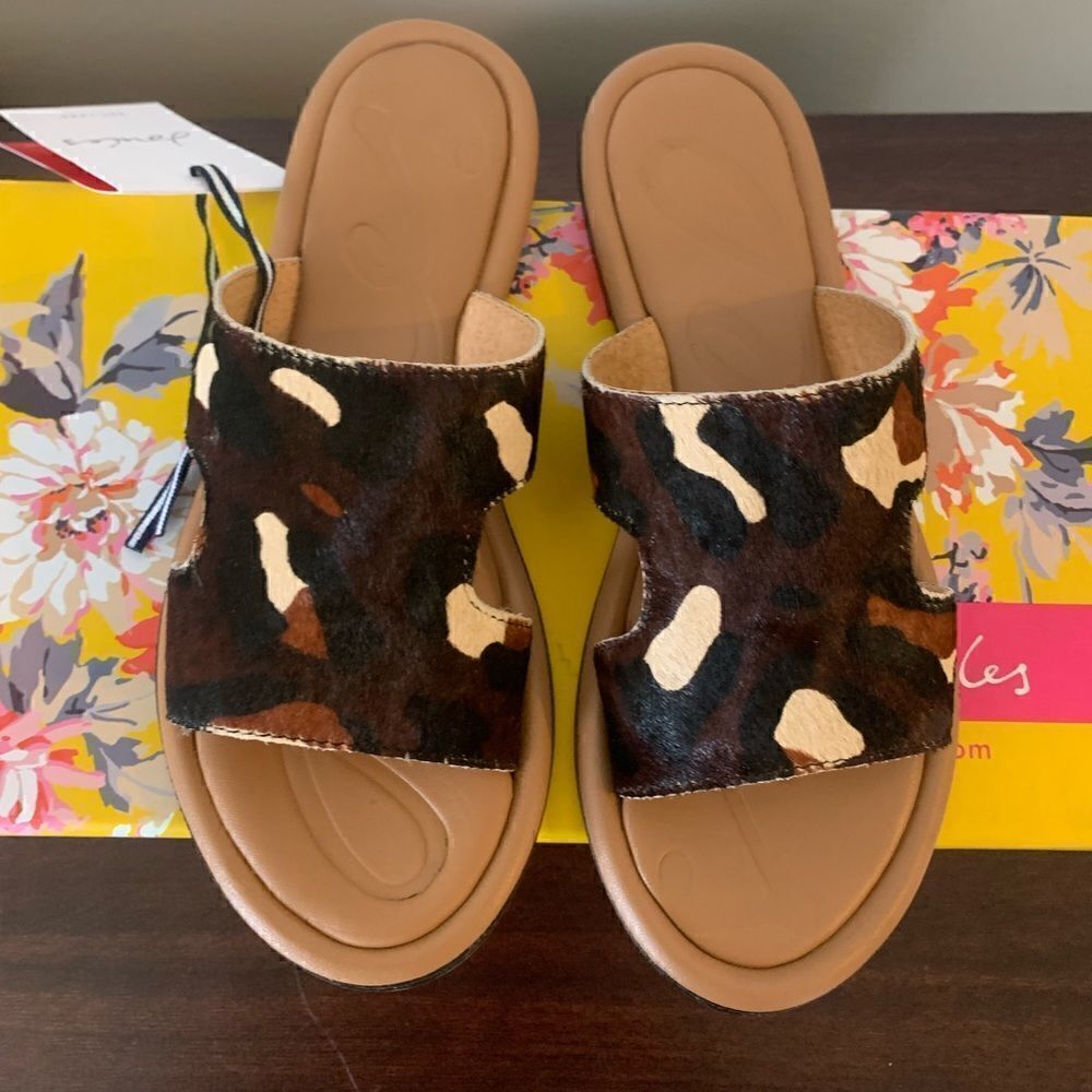 Joules Avondale Women’s boho chock leopard print slip-on Leather sandal Sz 5,NIB